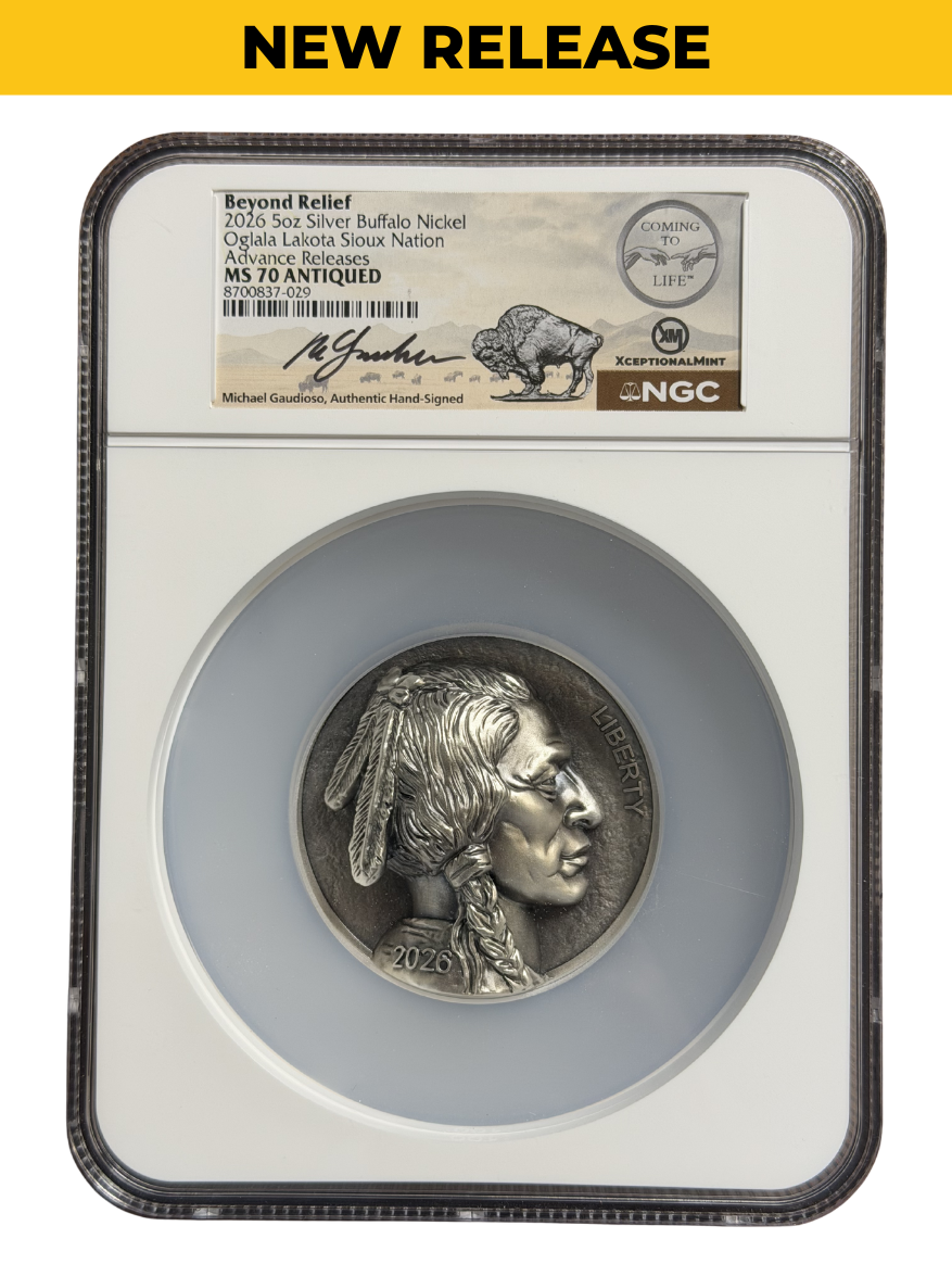 2026 5C 5 oz Buffalo Nickel Coming To Life NGC MS70 Antiqued Advance Releases Gaudioso Signed X-Mint Label