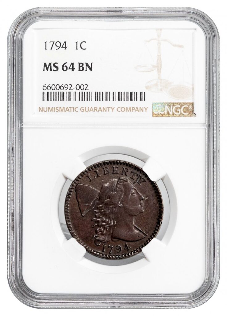 1794-Flowing Hair Large Cent - Type 4 Liberty Cap Denticled Border