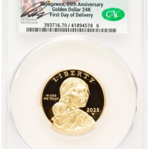2025-W Modern Bullion Coins (2025-W 1/2 oz Proof Gold Sacagawea 25th Anniversary First Day of Delivery Ron Drzewuki)