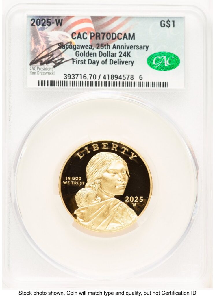 2025-W Modern Bullion Coins (2025-W 1/2 oz Proof Gold Sacagawea 25th Anniversary First Day of Delivery Ron Drzewuki)