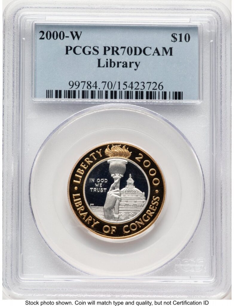 2000-W Modern Issues (2000-W $10 Library of Congress Bi-Metallic Gold 0.2509 oz and Platinum 0.2509 oz, PR Blue Label)