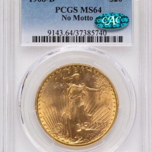 1908-D Saint-Gaudens Double Eagles (1908-D $20 NO MOTTO CAC)