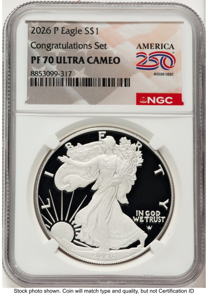 2026-P Modern Bullion Coins (2026-P Proof Silver Eagle Congratulations Set 1 oz America 250 Label)