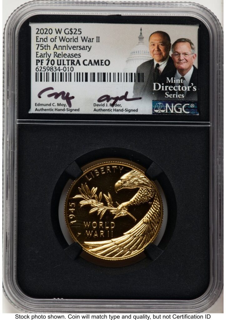 2020-W Modern Bullion Coins (2020-W 1/2 oz Proof Gold End of World War II 75th Anniversary ER Ed Moy/David J Ryder Mint Directors Series Blk Core)