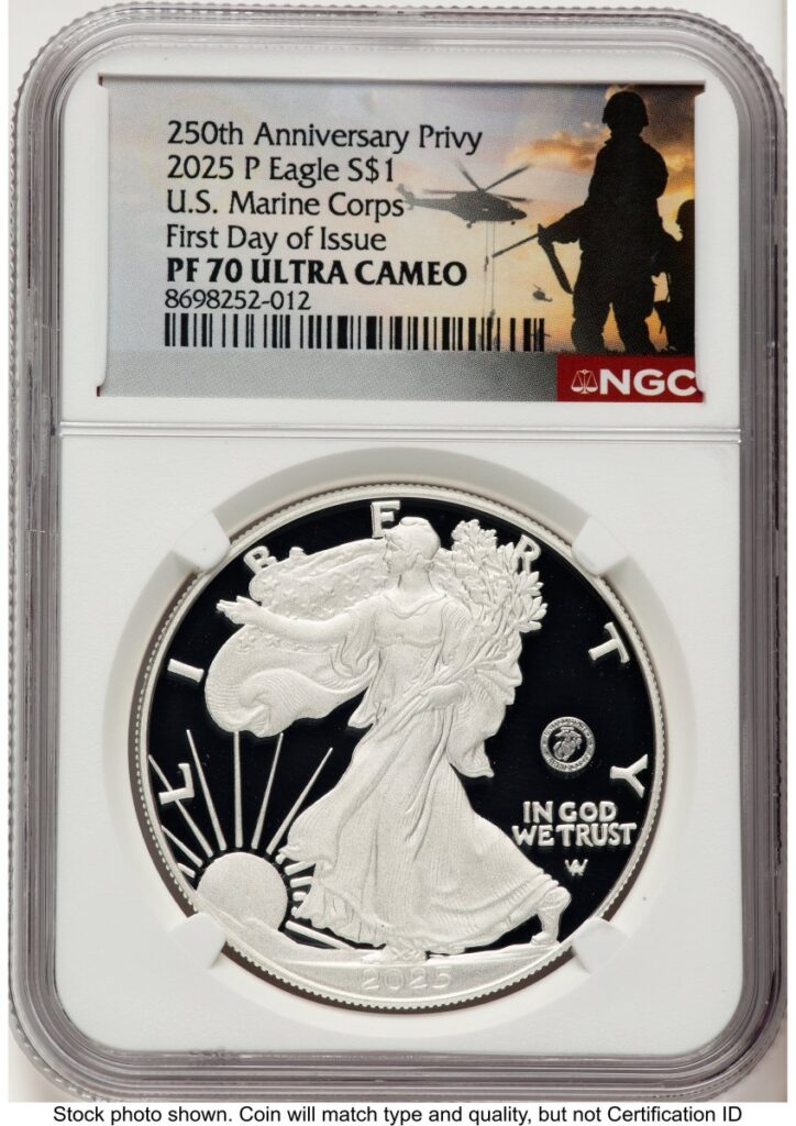 2025-W Modern Bullion Coins (2025-P Proof Silver Eagle Privy U.S. Marine Corps 250th Anniversary 1 oz FDI US Army Helicopter Label)