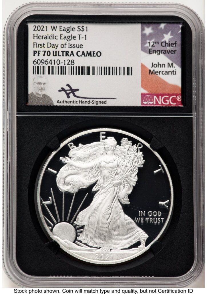2021-W Modern Bullion Coins (2021-W TY1 Proof Silver Eagle 1 oz FDI John Mercanti Blk Core)
