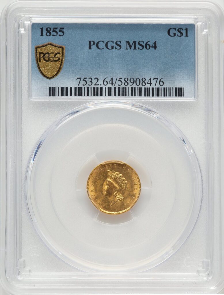 1855 Gold Dollars (1855 G$1 Type Two, MS PCGS Secure)