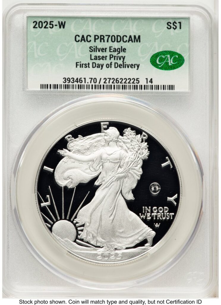 2025-W Modern Bullion Coins (2025-W Proof Silver Eagle Privy Laser Engraved 1 oz First Day Of Delivery)