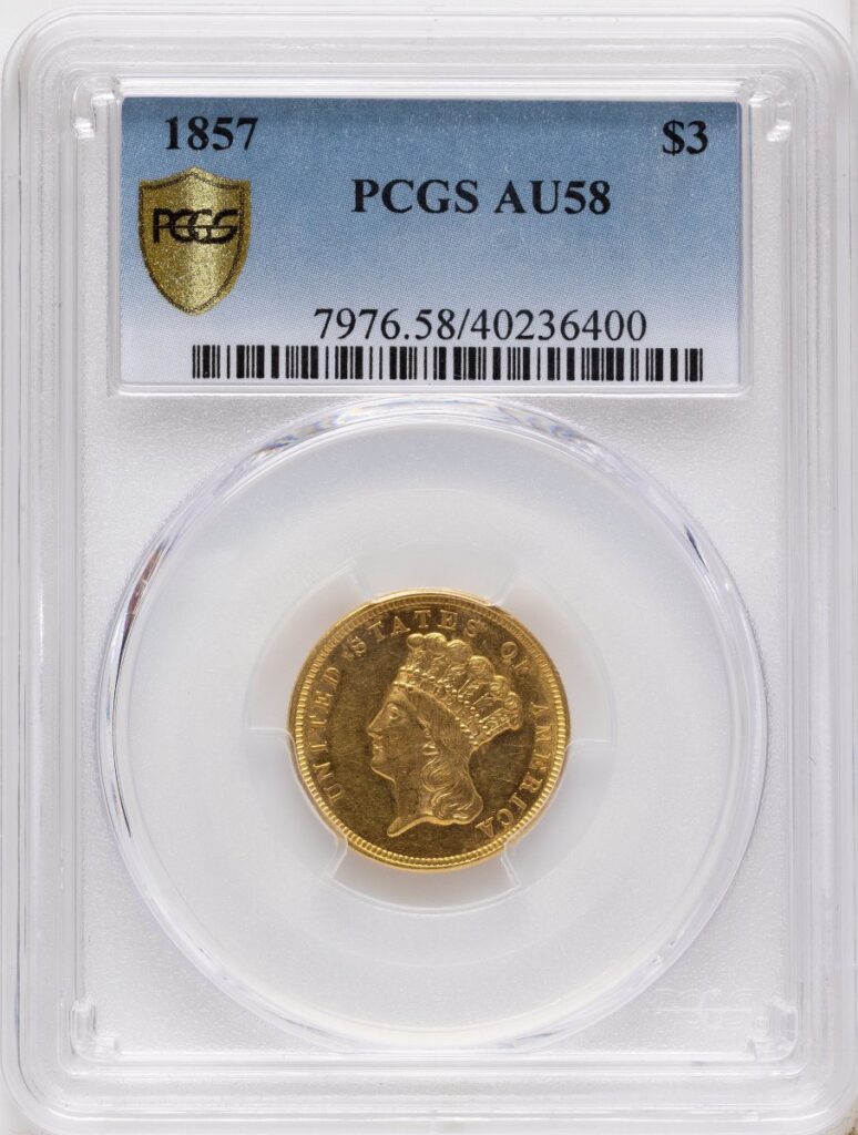 1857 Three Dollar Gold Pieces (1857 $3 PCGS Secure)