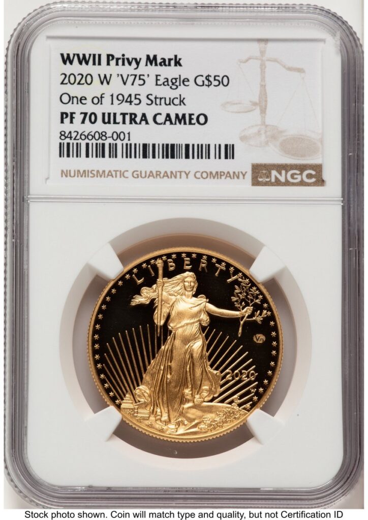 2020-W Modern Bullion Coins (2020-W Proof Gold Eagle V75 Privy One of 1945 Struck 1 oz Brown Label)
