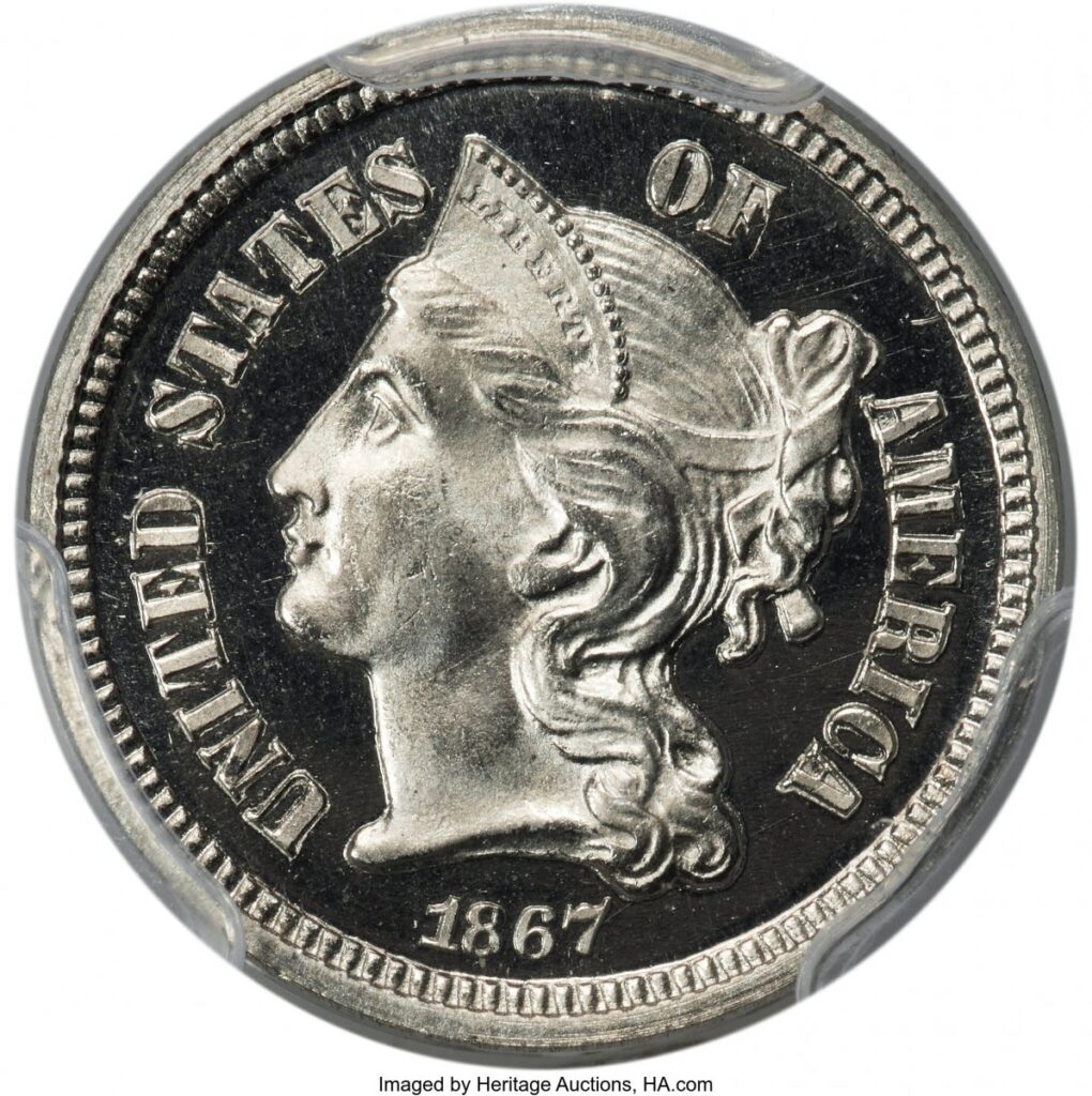 1867 Proof Three Cent Nickels (1867 3CN, JD-1, PR CA CAC)
