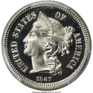 1867 Proof Three Cent Nickels (1867 3CN, JD-1, PR CA CAC)