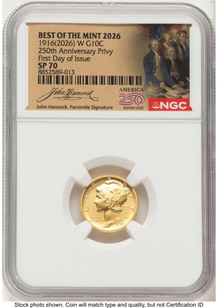 1000 Modern Bullion Coins (2026 2 Coin Best of the Mint 1916 Mercury Dime Gold 1/10 oz and Silver 1 oz Medal Set FDI America 250 John Hancock Label)