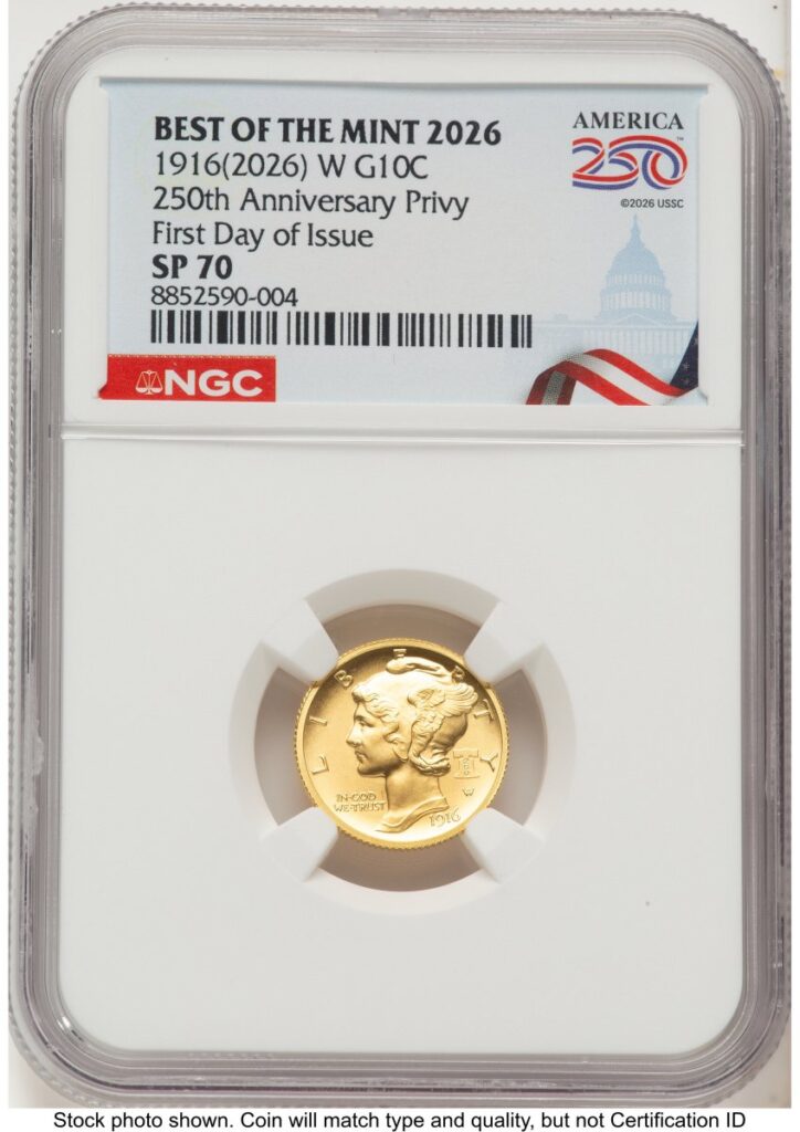 1000 Modern Bullion Coins (2026 2 Coin Best of the Mint 1916 Mercury Dime Gold 1/10 oz and Silver 1 oz Medal Set FDI America 250 Congress Building Label)