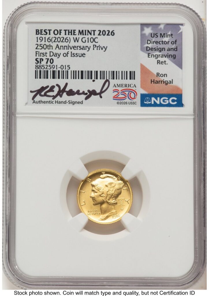 1000 Modern Bullion Coins (2026 2 Coin Best of the Mint 1916 Mercury Dime Gold 1/10 oz and Silver 1 oz Medal Set FDI Ron Harrigal America 250)