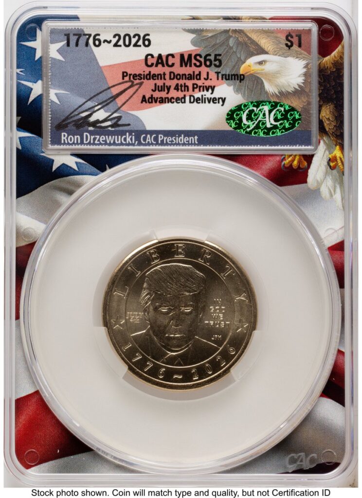 2026 Modern Bullion Coins (2026 Semiquincentennial President Donald J. Trump $1 (Privy Mark) Advanced Delivery Ron Drzewucki Flag Core)