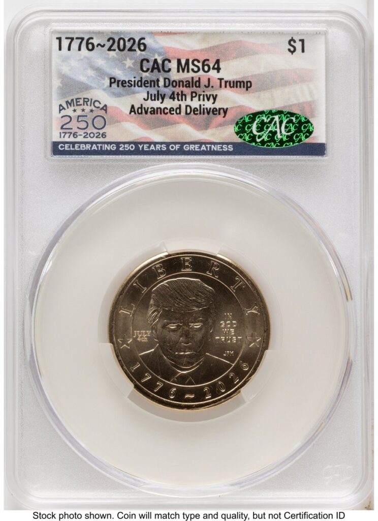 2026 Modern Bullion Coins (2026 Semiquincentennial President Donald J. Trump $1 (Privy Mark) Advanced Delivery America 250 Flag Label)