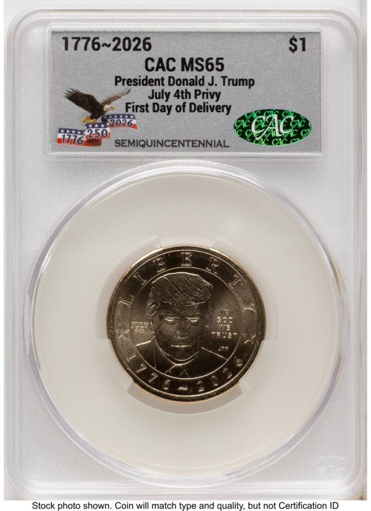 2026 Modern Bullion Coins (2026 Semiquincentennial President Donald J. Trump $1 (Privy Mark) First Day of Delivery America 250 Eagle with Banner Label)