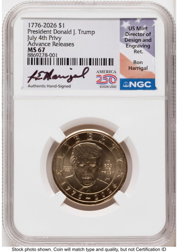 2026 Modern Bullion Coins (2026 Semiquincentennial President Donald J. Trump $1 (Privy Mark) AR Ron Harrigal America 250)