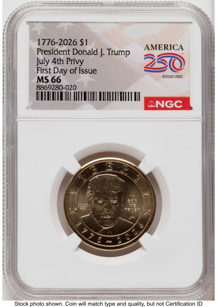 2026 Modern Bullion Coins (2026 Semiquincentennial President Donald J. Trump $1 (Privy Mark) FDI America 250 Label)