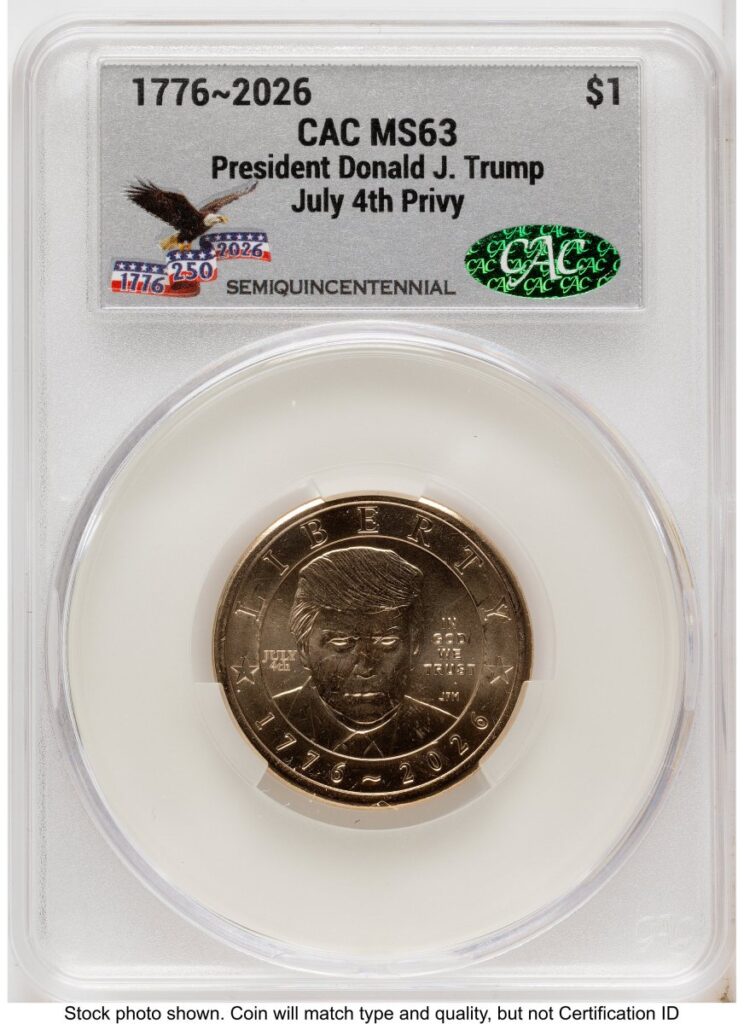 2026 Modern Bullion Coins (2026 Semiquincentennial President Donald J. Trump $1 (Privy Mark) America 250 Eagle with Banner Label)