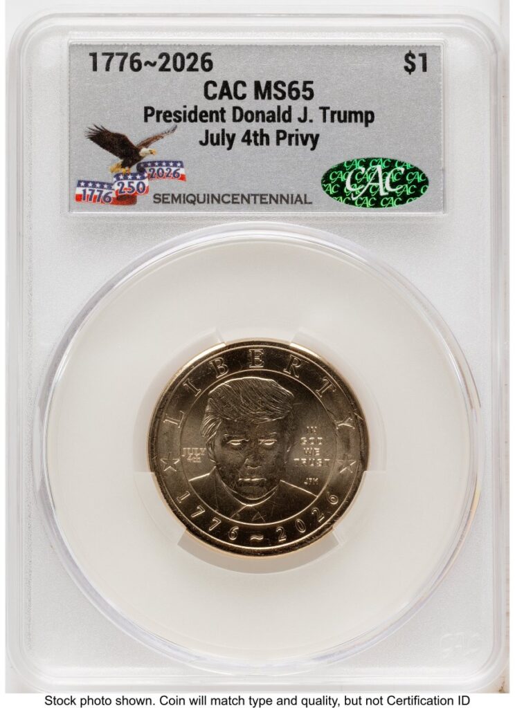 2026 Modern Bullion Coins (2026 Semiquincentennial President Donald J. Trump $1 (Privy Mark) America 250 Eagle with Banner Label)