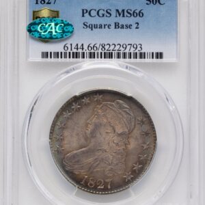 1827 Bust Half Dollars (1827 50C Square Base 2, MS CAC PCGS Secure)