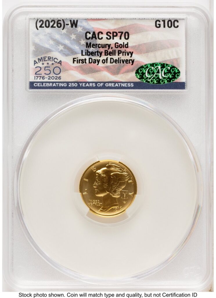 1000 Modern Bullion Coins (2026 2 Coin Best of the Mint 1916 Mercury Dime Gold 1/10 oz and Silver 1 oz Medal Set First Day of Delivery America 250 Flag Label)
