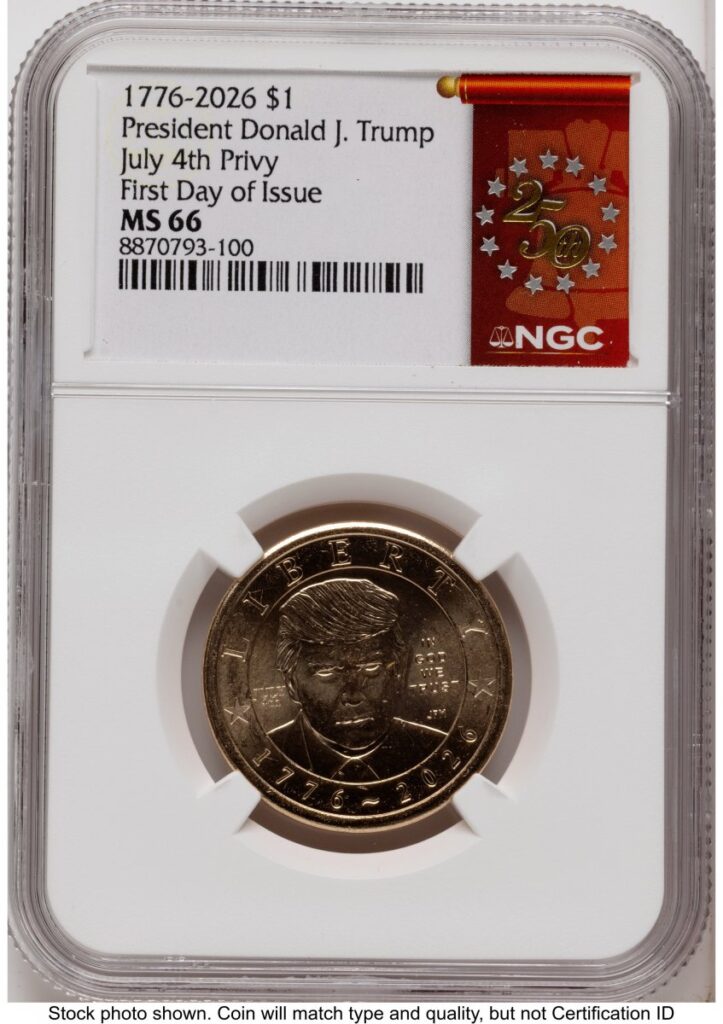 2026 Modern Bullion Coins (2026 Semiquincentennial President Donald J. Trump $1 (Privy Mark) FDI 250th Red Bell Banner Label)