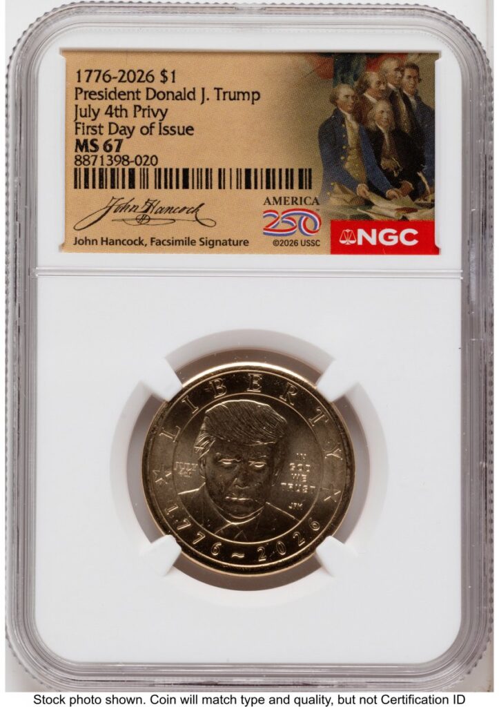 2026 Modern Bullion Coins (2026 Semiquincentennial President Donald J. Trump $1 (Privy Mark) FDI America 250 John Hancock Label)