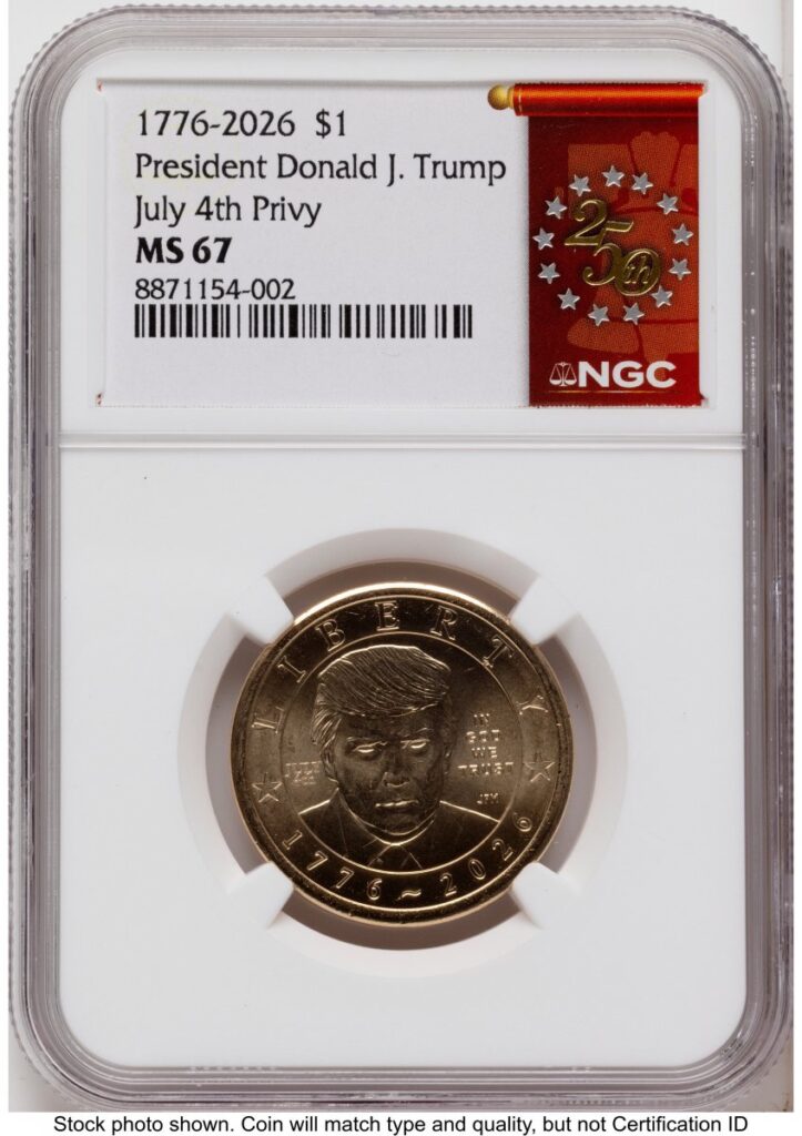 2026 Modern Bullion Coins (2026 Semiquincentennial President Donald J. Trump $1 (Privy Mark) 250th Red Bell Banner Label)