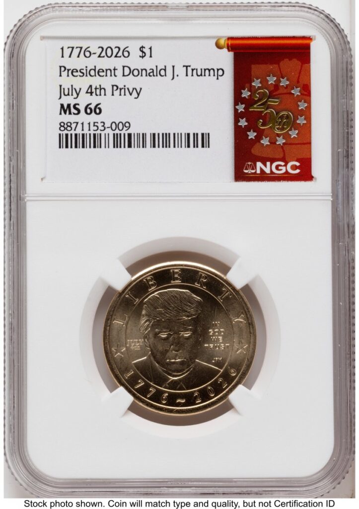 2026 Modern Bullion Coins (2026 Semiquincentennial President Donald J. Trump $1 (Privy Mark) 250th Red Bell Banner Label)