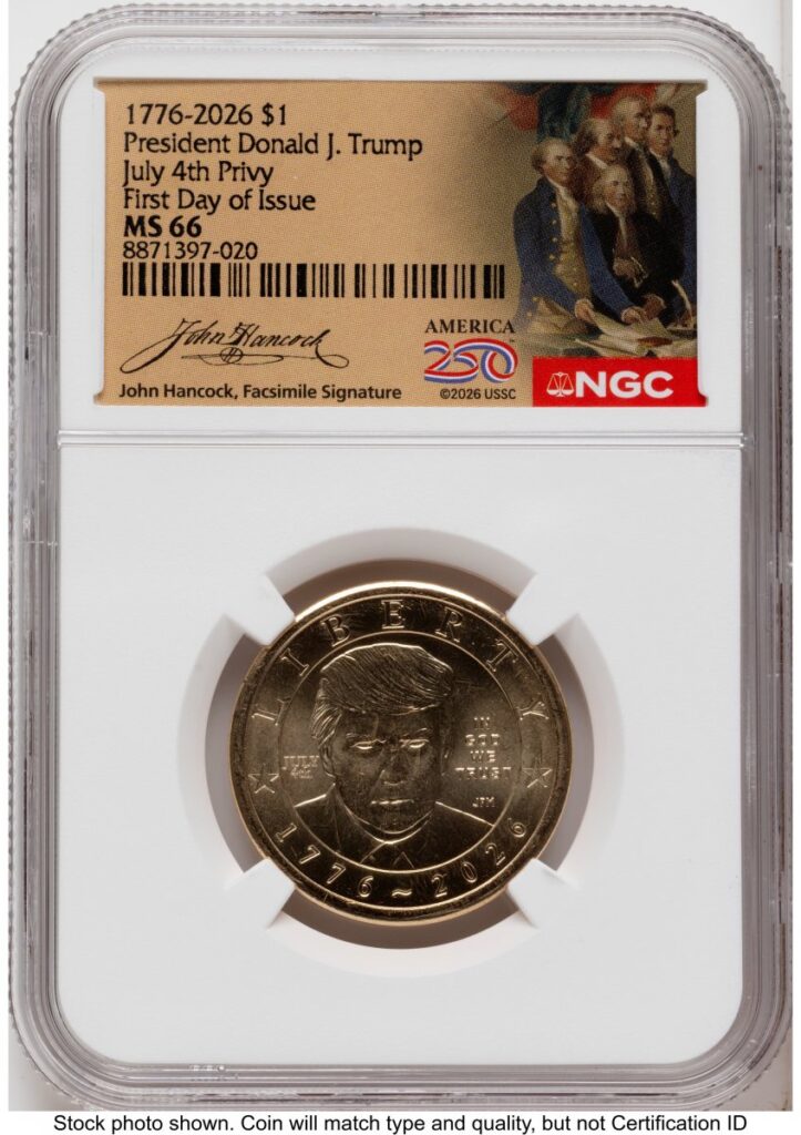 2026 Modern Bullion Coins (2026 Semiquincentennial President Donald J. Trump $1 (Privy Mark) FDI America 250 John Hancock Label)