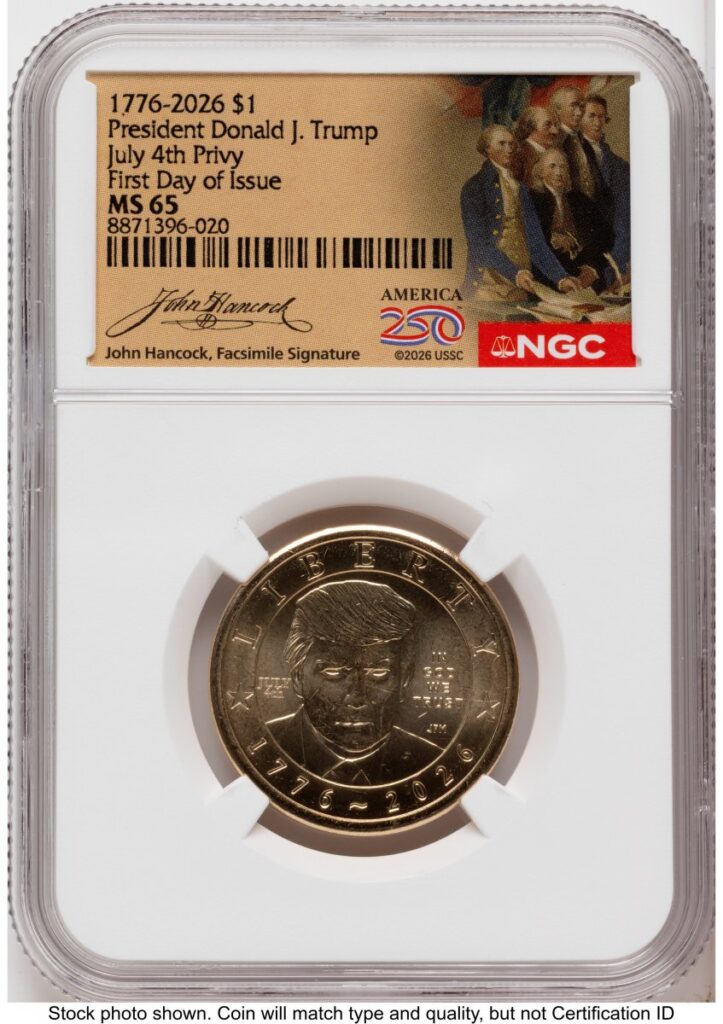 2026 Modern Bullion Coins (2026 Semiquincentennial President Donald J. Trump $1 (Privy Mark) FDI America 250 John Hancock Label)