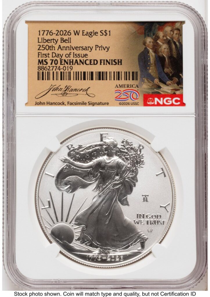 2026-W Modern Bullion Coins (2026-W Enhanced Silver Eagle 1 oz FDI America 250 John Hancock Label)